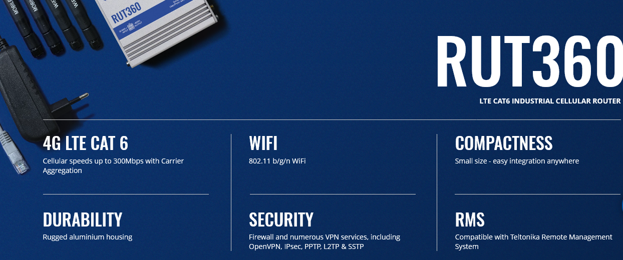 TELTONIKA RUT360 LTE CAT6 Endüstriyel Hücresel Router